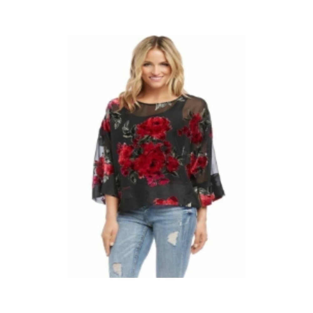 Karen Kane Womens Red Rose Velvet Burnout Mesh Kimono Sleeve Blouse Small EUC
